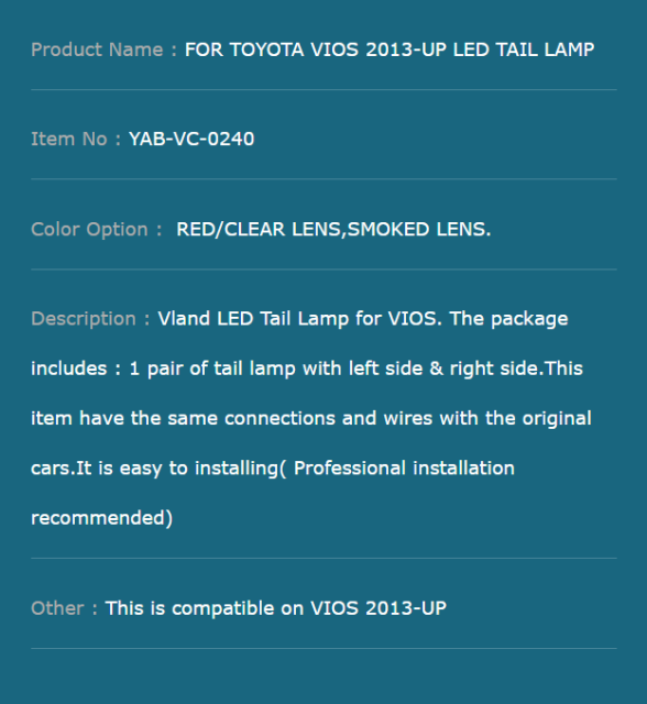 FOR TOYOTA VIOS 2013-UP LED TAIL LAMP
