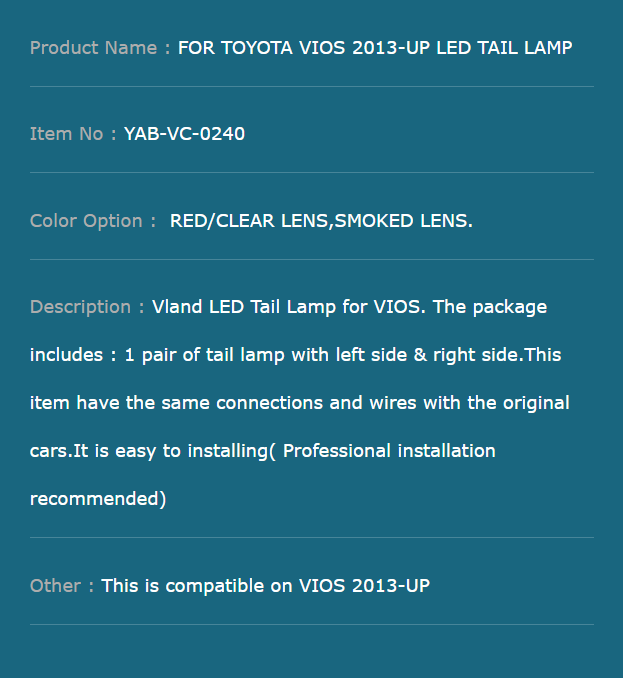 FOR TOYOTA VIOS 2013-UP LED TAIL LAMP