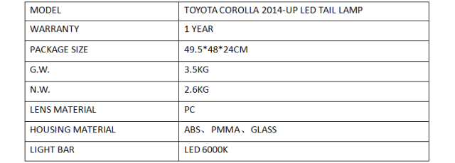 FOR TOYOTA COROLLA 2014-UP LED TAIL LAMP