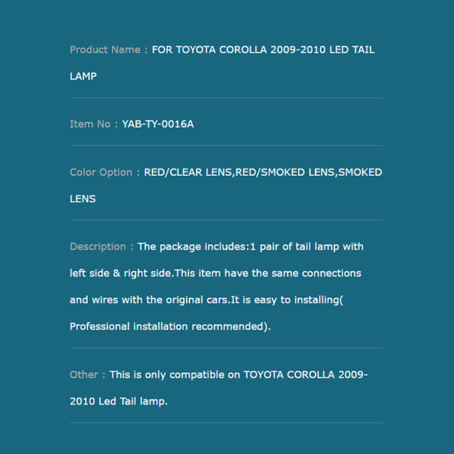 FOR TOYOTA COROLLA 2009-2010 LED TAIL LAMP