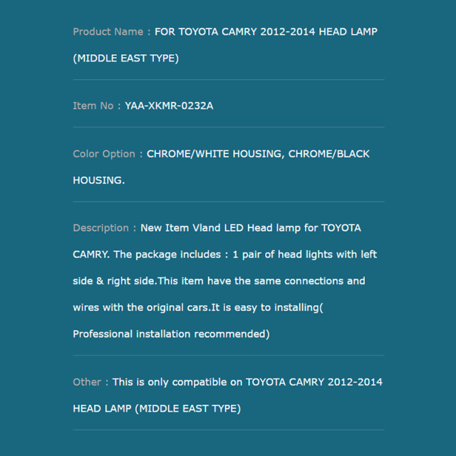  FOR TOYOTA CAMRY 2012-2014 HEAD LAMP (MIDDLE EAST TYPE)