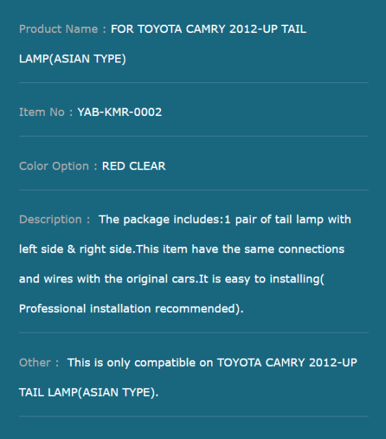 FOR TOYOTA CAMRY 2012-UP TAIL LAMP(ASIAN TYPE)