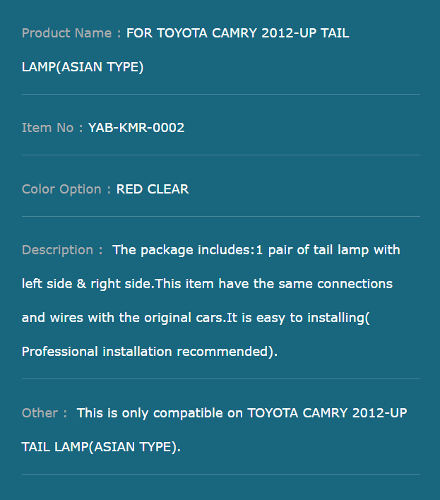 FOR TOYOTA CAMRY 2012-UP TAIL LAMP(ASIAN TYPE)