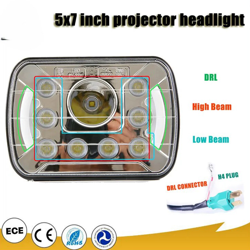 Car accessories 5x7 square led headlight for jeep yj rectangular headlamp for Cherokee xj