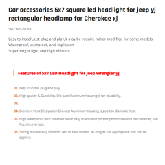 Car accessories 5x7 square led headlight for jeep yj rectangular headlamp for Cherokee xj