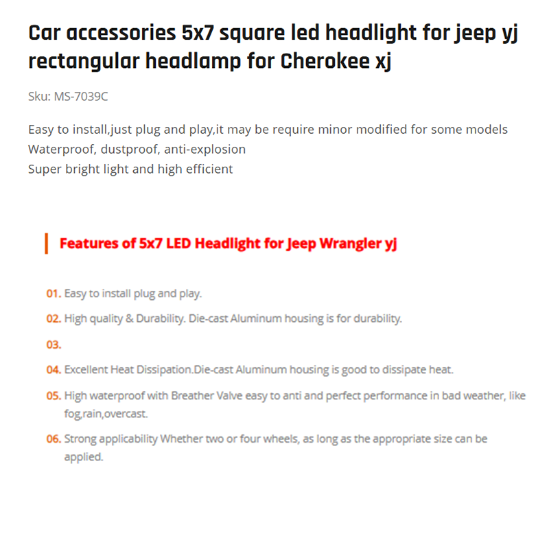 Car accessories 5x7 square led headlight for jeep yj rectangular headlamp for Cherokee xj