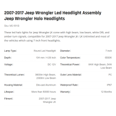 2007-2017 Jeep Wrangler Led Headlight Assembly Jeep Wrangler Halo Headlights