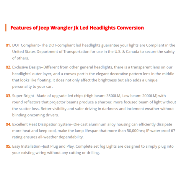 2007-2017 Jeep Wrangler JK Led Headlights Conversion Jeep JKU Led Headlights with White DRL