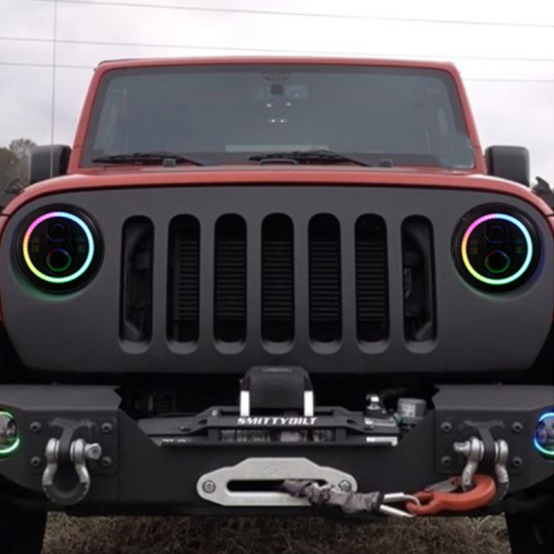 7 Inch RGB Headlight Phone APP Control 7" Round Headlight Halo Ring Lighting for Jeep Wrangler JK