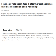 7 inch 45w hi lo beam Jeep jk aftermarket headlights chrome/black sealed beam headlamp