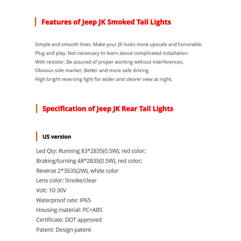 US/EU Version Jeep JK Rear Tail Lights Led Jeep JK Smoked Tail Lights