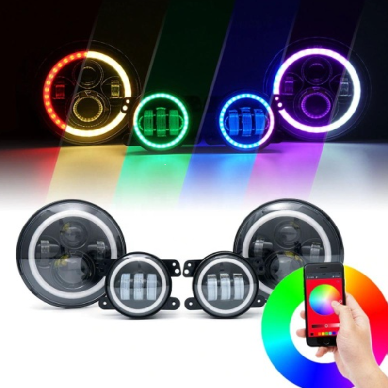 7" rgb jeep headlight and fog lamps kit for 2007-2016 Jeep Wrangler jk/jk unlimited bluetooth app control rgb led headlight conversion kit