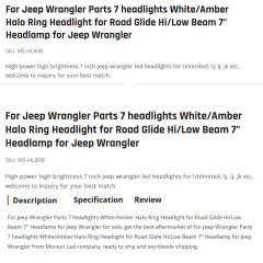 For Jeep Wrangler Parts 7 headlights White/Amber Halo Ring Headlight for Road Glide Hi/Low Beam 7" Headlamp for Jeep Wrangler