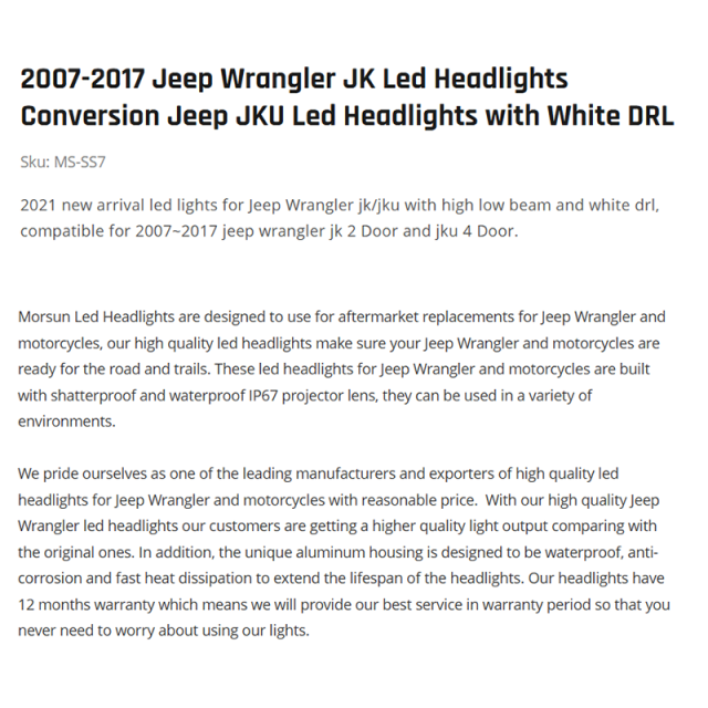 2007-2017 Jeep Wrangler JK Led Headlights Conversion Jeep JKU Led Headlights with White DRL