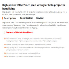 High power 108w 7 inch jeep wrangler halo projector headlights