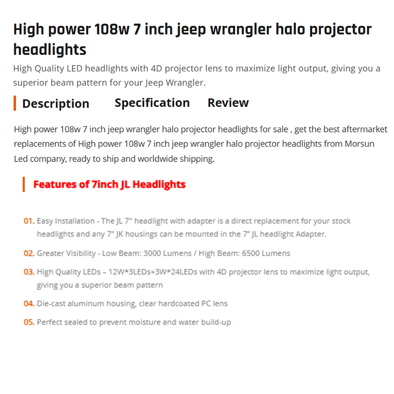 High power 108w 7 inch jeep wrangler halo projector headlights