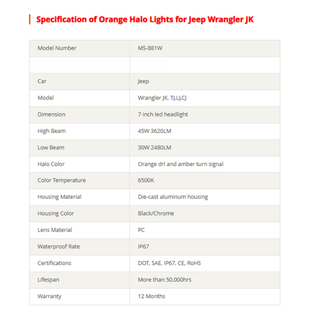 DOT 7 inch Orange Halo Headlights Led Orange Halo Lights for Jeep Wrangler JK 1997-2007