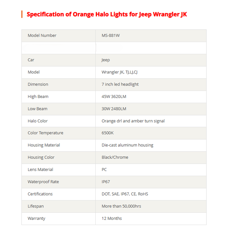 DOT 7 inch Orange Halo Headlights Led Orange Halo Lights for Jeep Wrangler JK 1997-2007