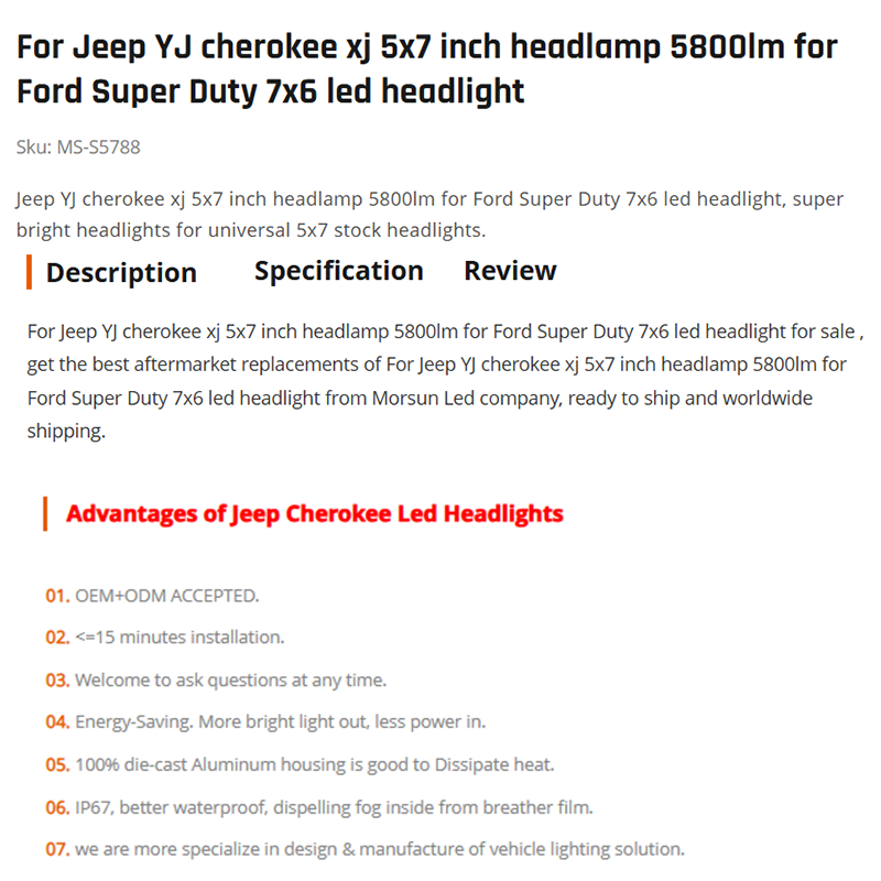 For Jeep YJ cherokee xj 5x7 inch headlamp 5800lm for Ford Super Duty 7x6 led headlight