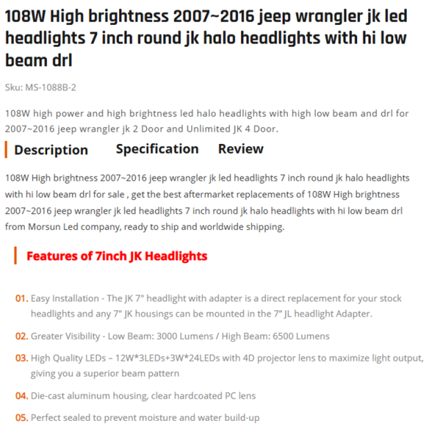 108W High brightness 2007~2016 jeep wrangler jk led headlights 7 inch round jk halo headlights with hi low beam drl