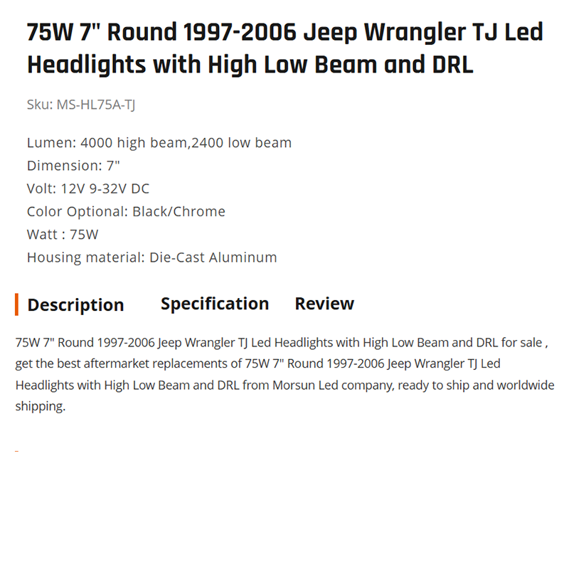 75W 7" Round 1997-2006 Jeep Wrangler TJ Led Headlights with High Low Beam and DRL