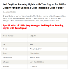 Led Daytime Running Lights with Turn Signal for 2018+ Jeep Wrangler Sahara 4-Door Rubicon 2-Door 4-Door