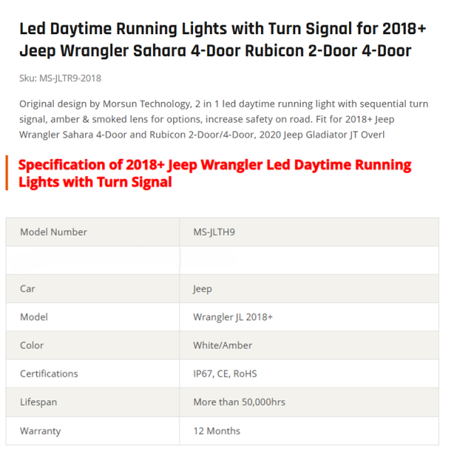 Led Daytime Running Lights with Turn Signal for 2018+ Jeep Wrangler Sahara 4-Door Rubicon 2-Door 4-Door