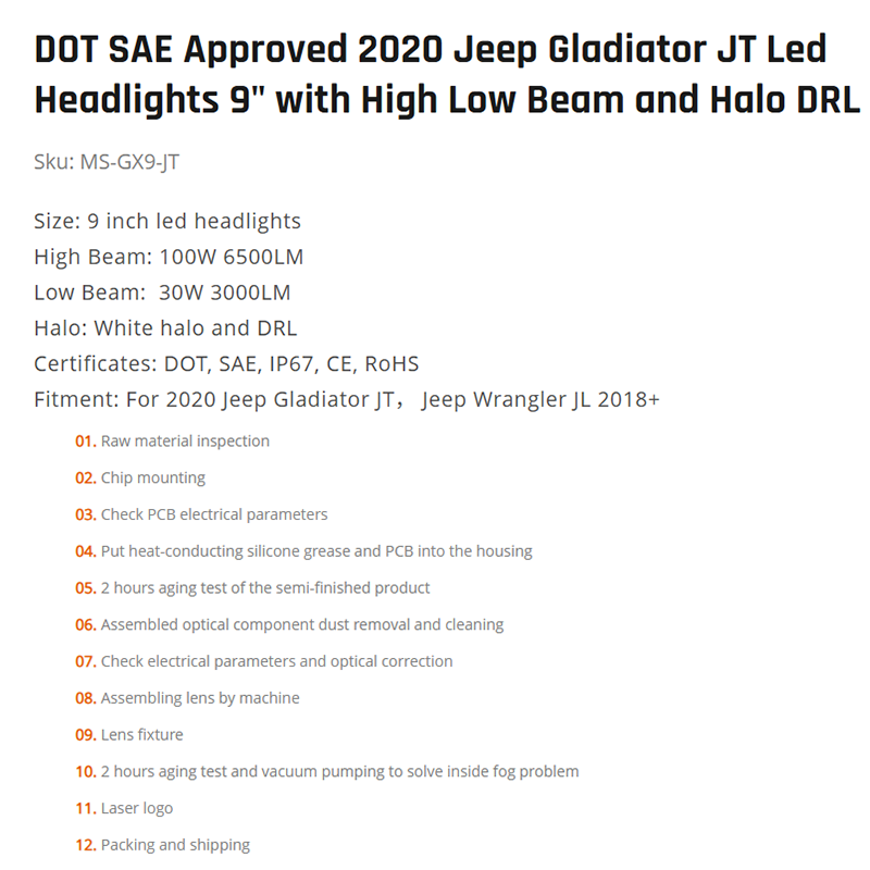 DOT SAE Approved 2020 Jeep Gladiator JT Led Headlights 9" with High Low Beam and Halo DRL