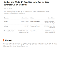 Amber and White Off Road Led Light Bar for Jeep Wrangler JL JK Gladiator