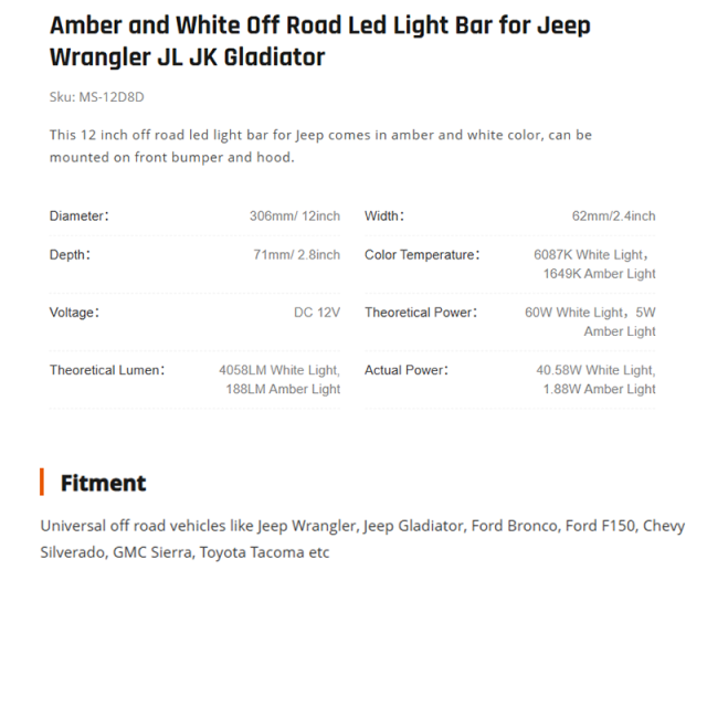 Amber and White Off Road Led Light Bar for Jeep Wrangler JL JK Gladiator