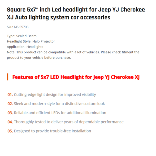 Square 5x7'' inch Led headlight for Jeep YJ Cherokee XJ Auto lighting system car accessories