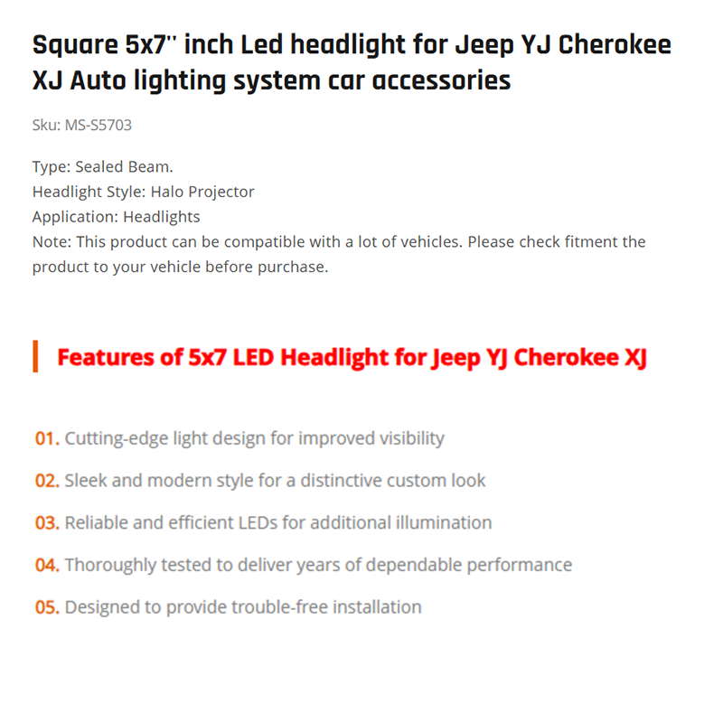 Square 5x7'' inch Led headlight for Jeep YJ Cherokee XJ Auto lighting system car accessories