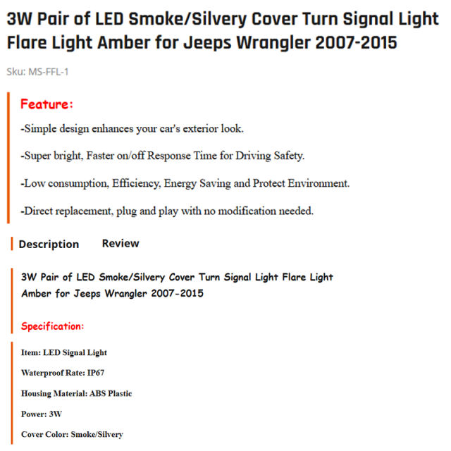 3W Pair of LED Smoke/Silvery Cover Turn Signal Light Flare Light Amber for Jeeps Wrangler 2007-2015