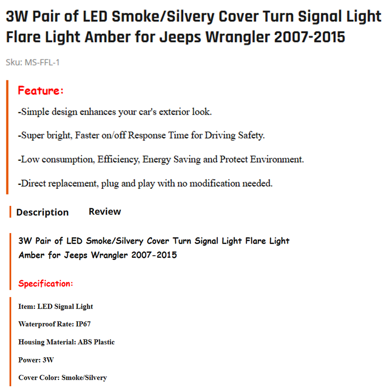 3W Pair of LED Smoke/Silvery Cover Turn Signal Light Flare Light Amber for Jeeps Wrangler 2007-2015