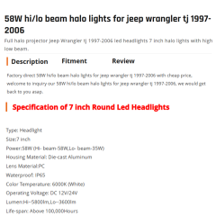 58W hi/lo beam halo lights for jeep wrangler tj 1997-2006