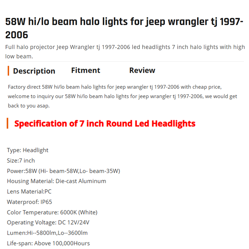 58W hi/lo beam halo lights for jeep wrangler tj 1997-2006