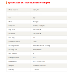 75W 7" Round 1997-2006 Jeep Wrangler TJ Led Headlights with High Low Beam and DRL