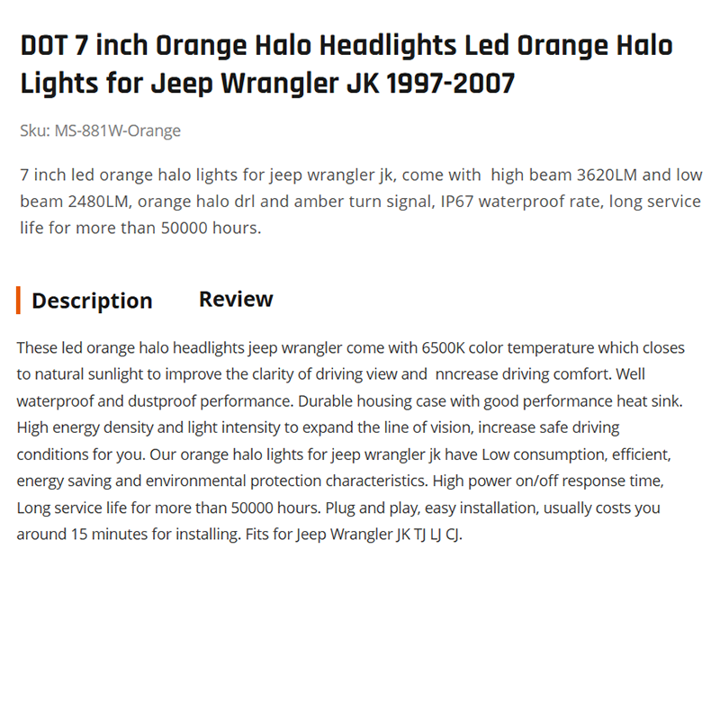 DOT 7 inch Orange Halo Headlights Led Orange Halo Lights for Jeep Wrangler JK 1997-2007