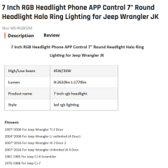 7 Inch RGB Headlight Phone APP Control 7" Round Headlight Halo Ring Lighting for Jeep Wrangler JK