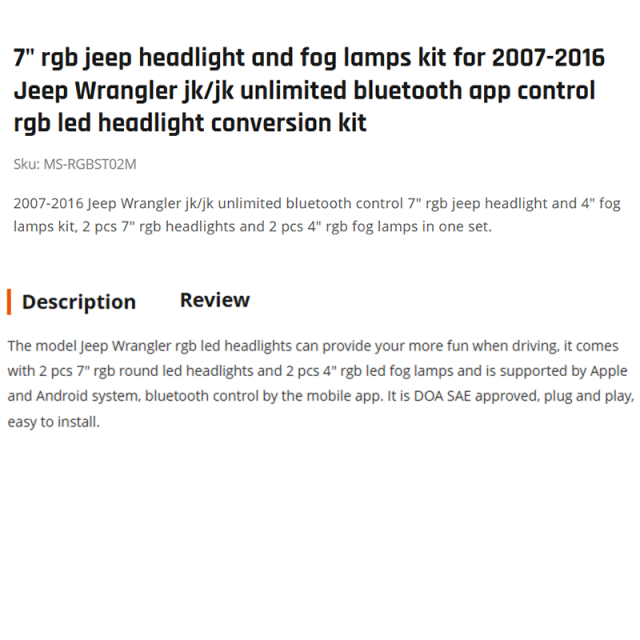 7" rgb jeep headlight and fog lamps kit for 2007-2016 Jeep Wrangler jk/jk unlimited bluetooth app control rgb led headlight conversion kit