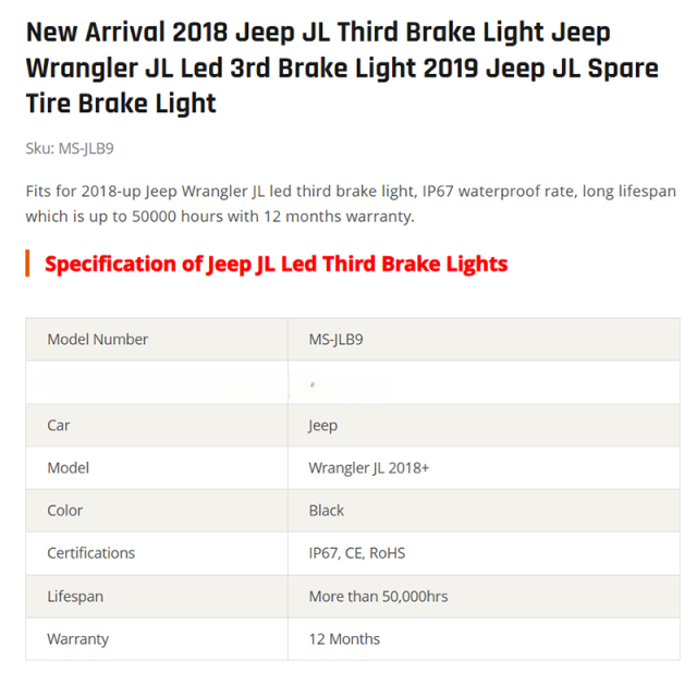 New Arrival 2018 Jeep JL Third Brake Light Jeep Wrangler JL Led 3rd Brake Light 2019 Jeep JL Spare Tire Brake Light