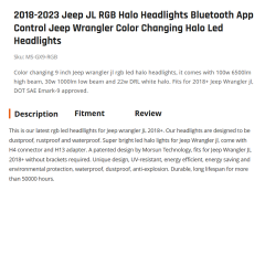 2018-2023 Jeep JL RGB Halo Headlights Bluetooth App Control Jeep Wrangler Color Changing Halo Led Headlights