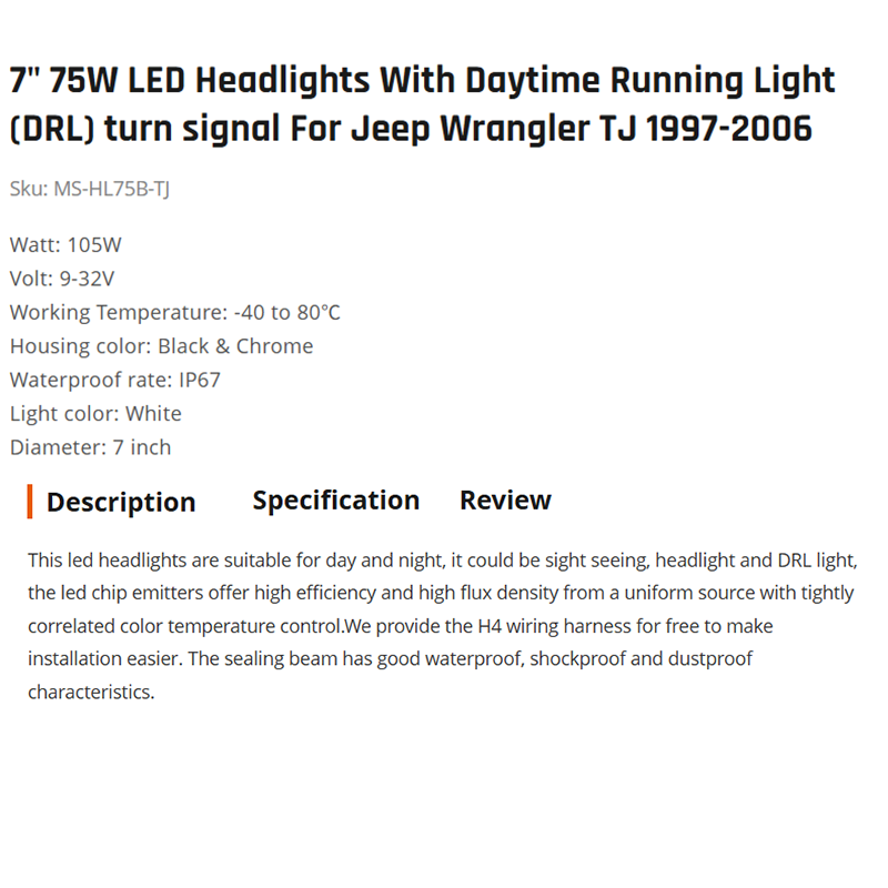 7" 75W LED Headlights With Daytime Running Light (DRL) turn signal For Jeep Wrangler TJ 1997-2006