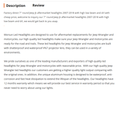 7'' round Jeep jk aftermarket headlights 2007-2018 with high low beam and drl