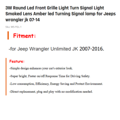 3W Round Led Front Grille Light Turn Signal Light Smoked Lens Amber led Turning Signal lamp for Jeeps wrangler jk 07-14