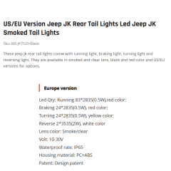 US/EU Version Jeep JK Rear Tail Lights Led Jeep JK Smoked Tail Lights