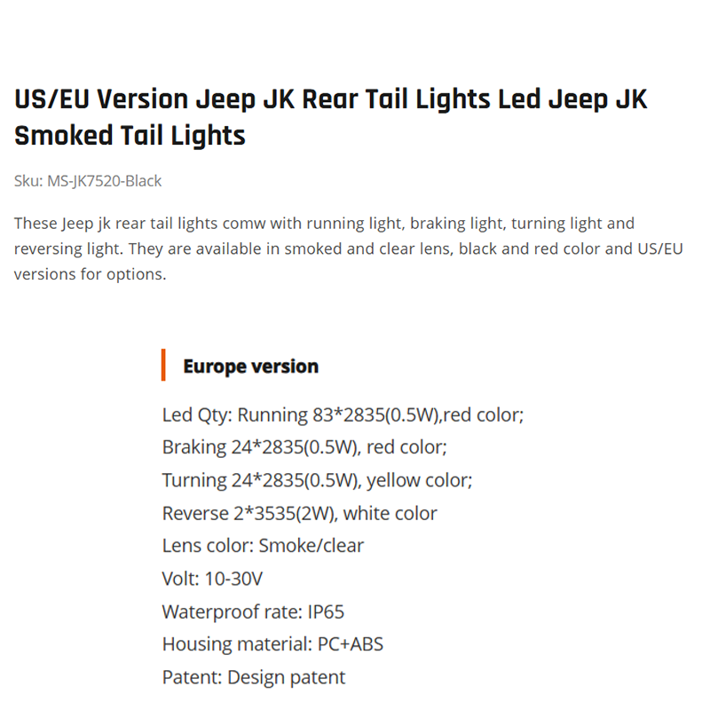 US/EU Version Jeep JK Rear Tail Lights Led Jeep JK Smoked Tail Lights