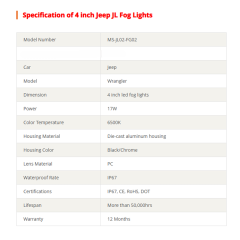 4" 2019 2018 Jeep Wrangler JL Fog Lights 17W 2018+ Jeep JL Led Fog Lights
