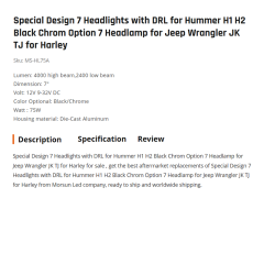 Special Design 7 Headlights with DRL for Hummer H1 H2 Black Chrom Option 7 Headlamp for Jeep Wrangler JK TJ for Harley