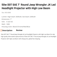 50w DOT SAE 7'' Round Jeep Wrangler JK Led Headlight Projector with High Low Beam